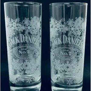 2 Pc Set Jack Daniels Old No. 7 Christmas Snowflake 6" Highball Wiskey Glasses